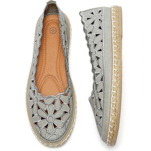 🆕Heawish Flat Shoe Women Grey Leather  Daisy Round Toe Casual Slip On Rope Shoe